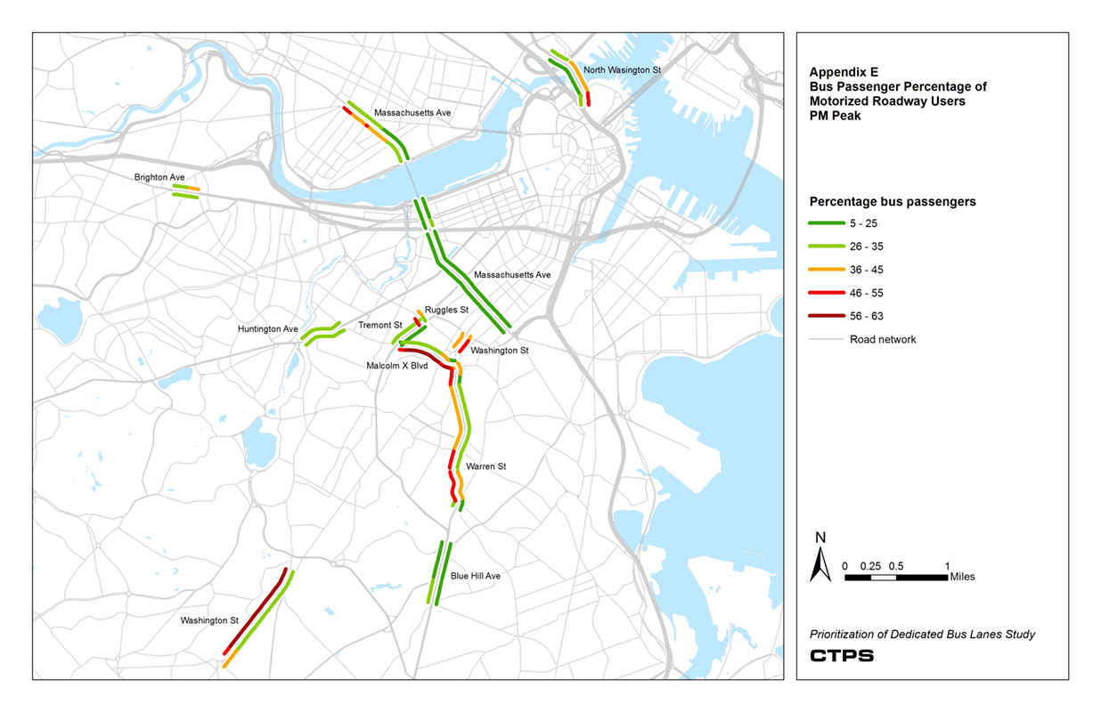 Appendix E is a map of part of Boston and Cambridge highlighting the percentage of bus passengers per roadway users in motorized vehicles during the PM peak travel period. Color overlays on the map indicate the percentage of bus passengers.