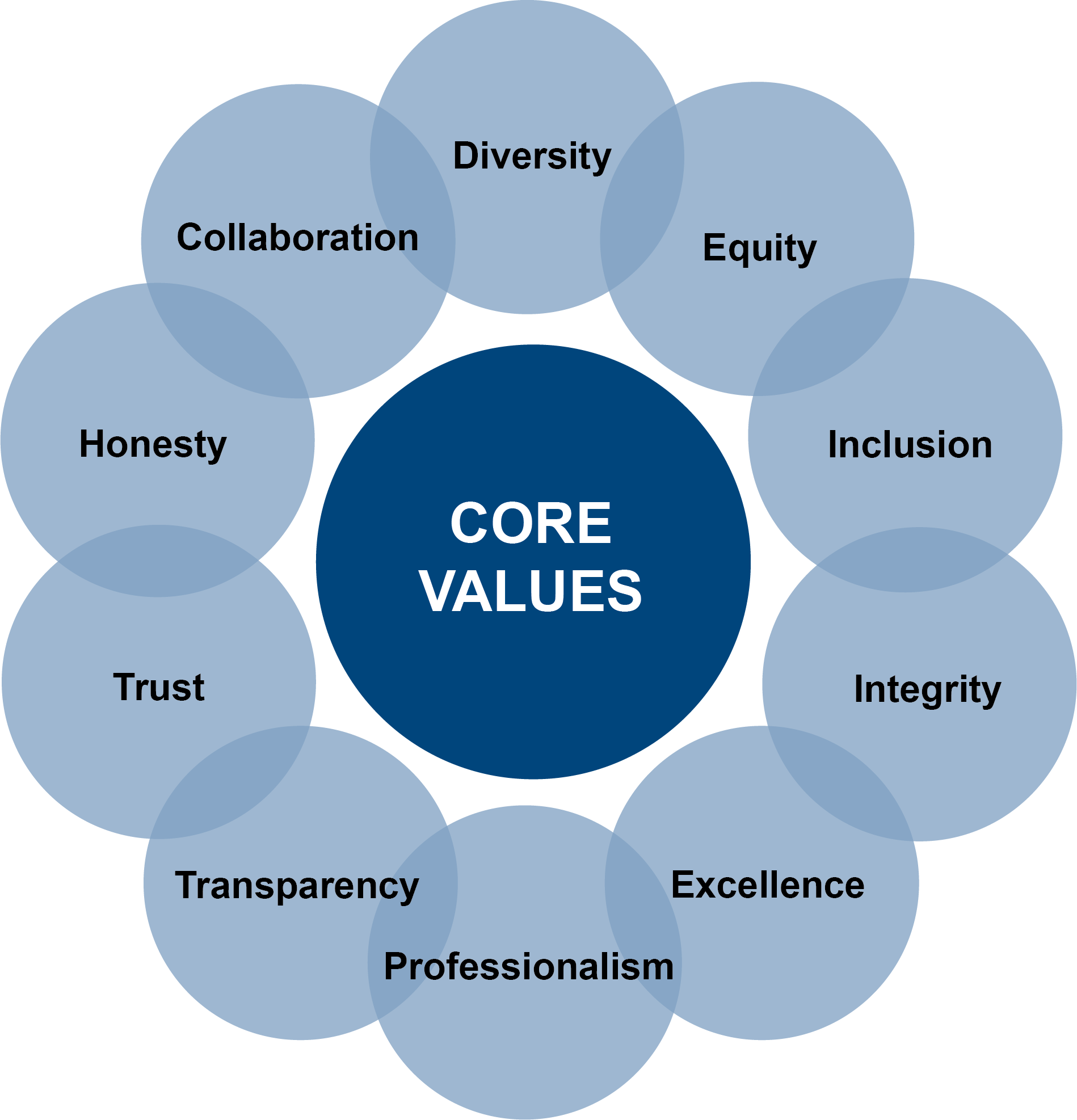 The core values listed and described in the following text