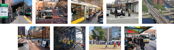 A row of nine thumbnail photos labeled with illegible text, showing an exterior Green line stop, a bus in a bus lane, an Orange line car interior with seated riders, three pedestrians in a crosswalk in front of stopped cars, an aerial view of a Red line train crossing the Charles River, a streetscape with a shuttle bus and signboard, workers in safety vests closing a subway portal flood door, children playing with large soap bubbles in an urban park, and a handful of passengers waiting at a stop for an approaching bus.