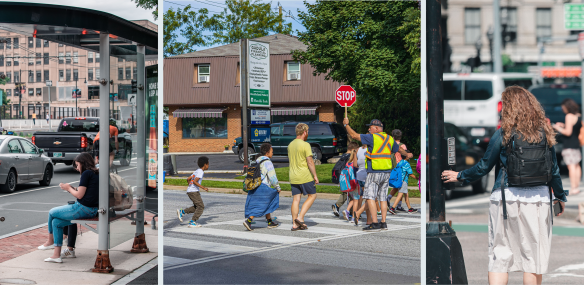 Three photos: bus shelter bench, crossing guard, pedestrian signal button