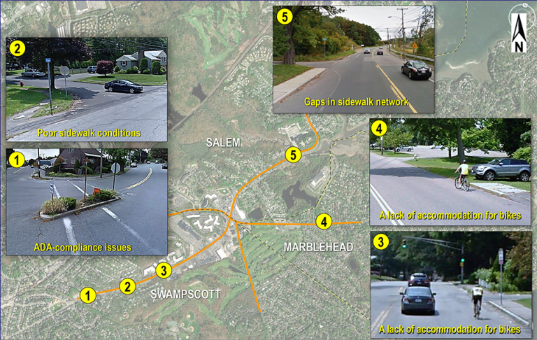 A map of the study area with inset photographs showing existing conditions; ADA compliance issues, poor sidewalk conditions, lack of accommodations for bikes, gaps in the sidewalk network.