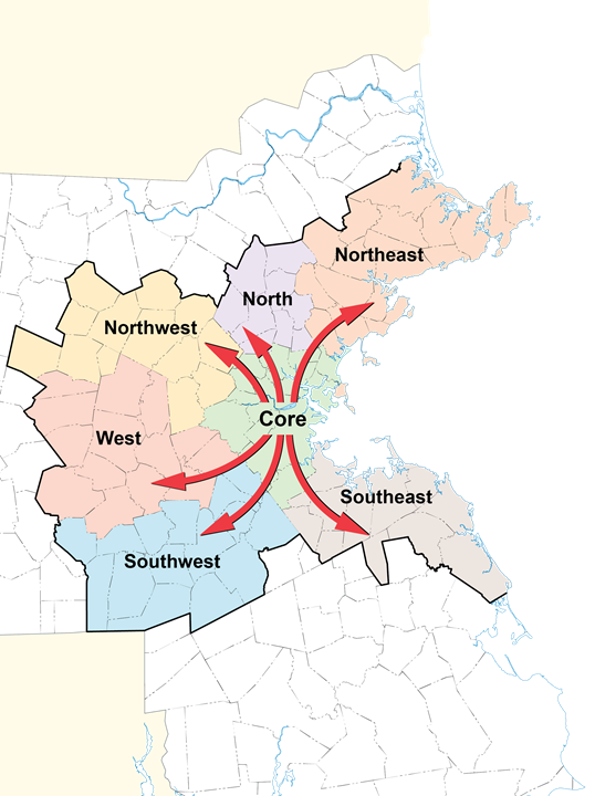 A map of subregions in the Boston region and how reverse commuters travel from the core to these subregions.
