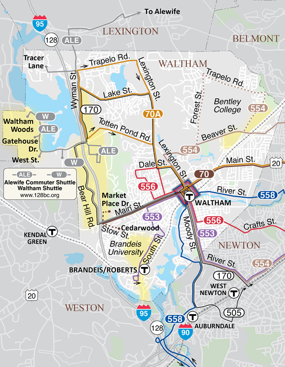 A map of commuter rail, fixed route buses, and commuter shuttles in Waltham.