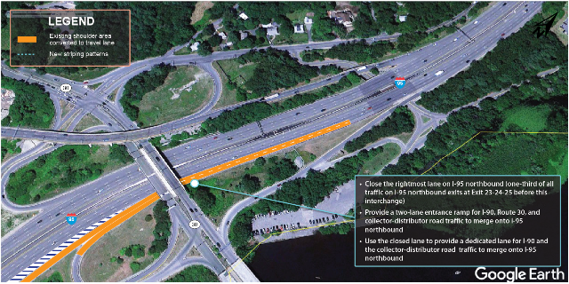 An overhead photograph of existing conditions at I-95 northbound and the I-90 interchange with illustration of recommendations by MPO staff.