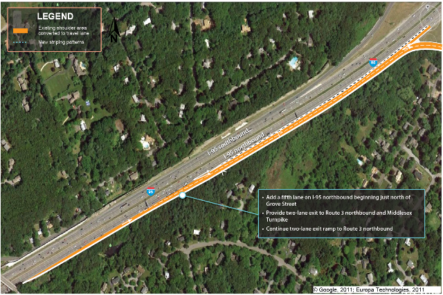 An overhead photograph of existing conditions on I-95 at Route 3 and the Middlesex Turnpike in Burlington with illustration of recommendations by MPO staff.