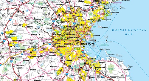The official Massachusetts Transportation Map. A map of the greater Boston area indicating transportation links and tourist information.