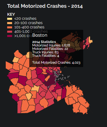 A graphic showing motorized crashes in Boston in 2014.