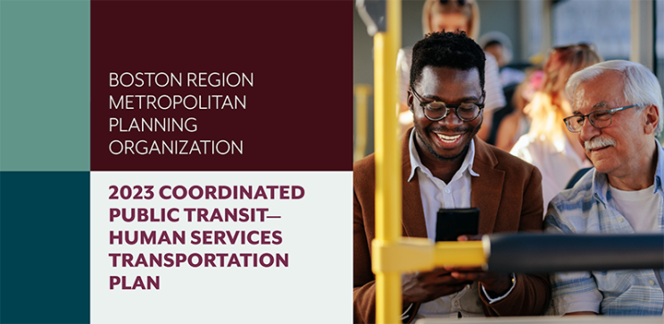 Cover image for the MPO's Coordinated Plan with an image of two men on a bus looking down at a phone